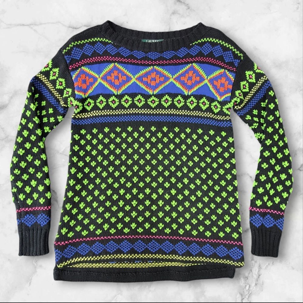 Lauren Ralph Lauren Fair Isle Knit Sweater Womens XS Black And Neon Geometric